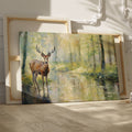 Framed canvas print of a deer standing beside a forest stream in impressionist style