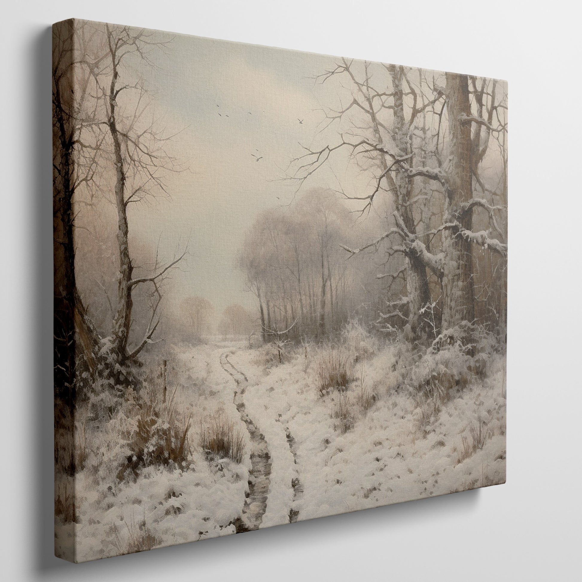 Framed canvas print of a tranquil winter landscape with snow-covered trees and a snowy path