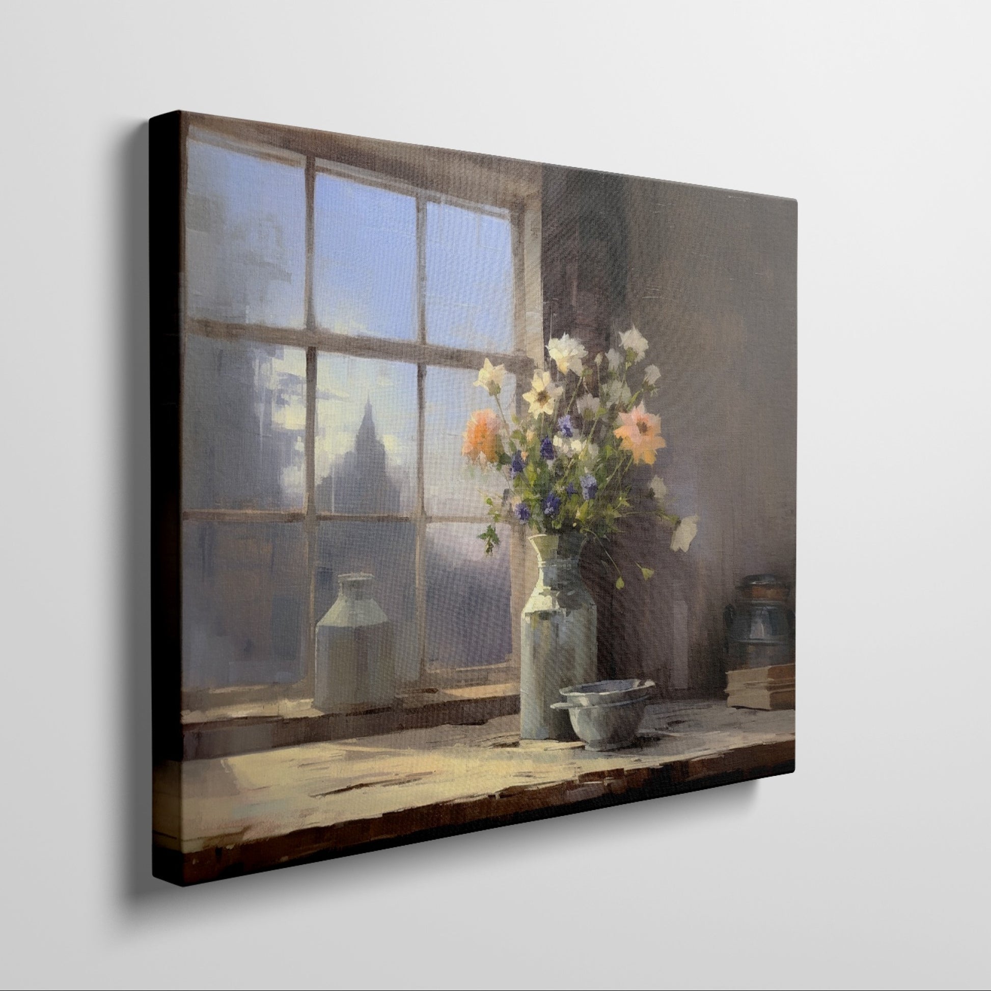 Framed canvas print of a rustic wildflower bouquet on a window sill, with soft morning light