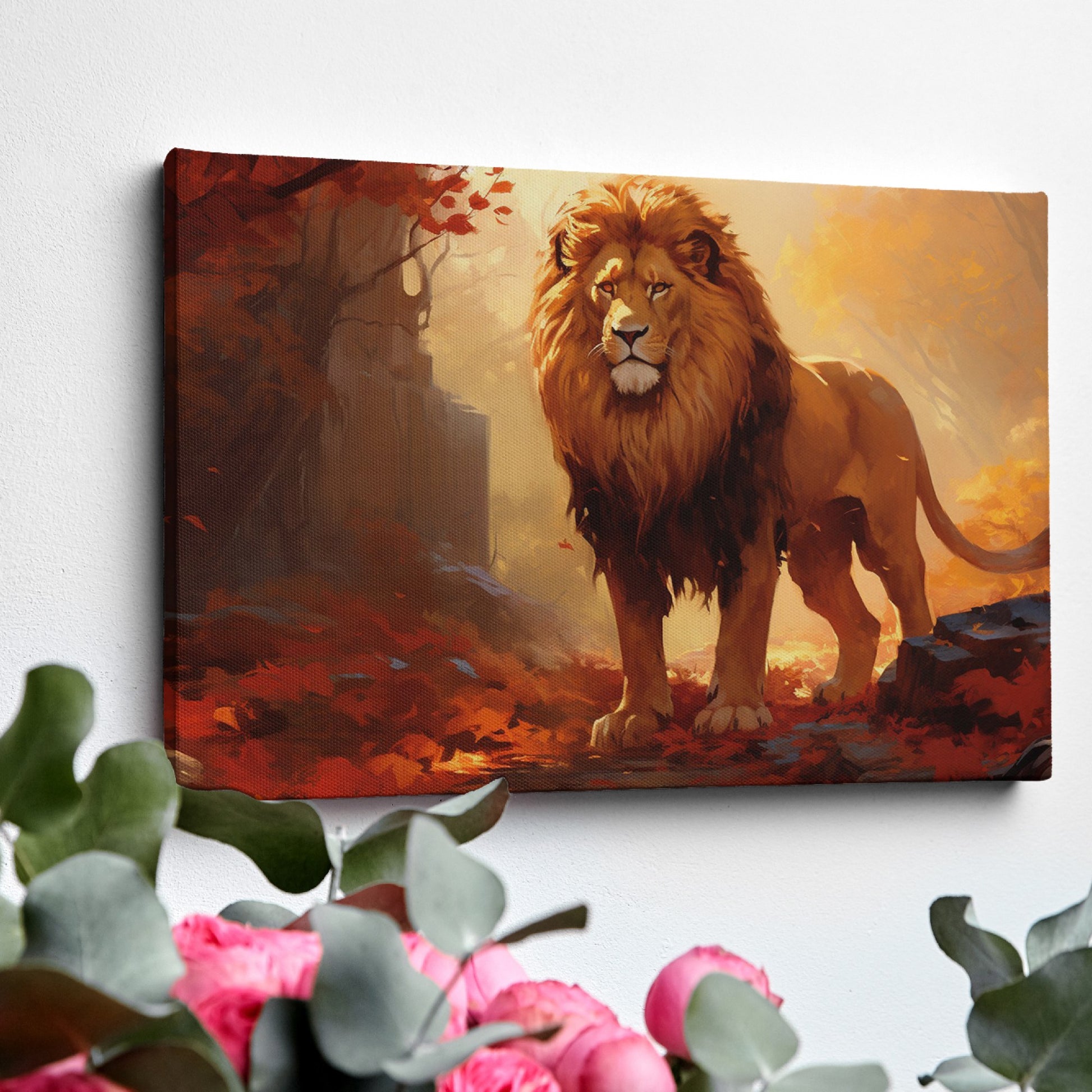 Framed canvas print of a majestic lion in golden autumn forest