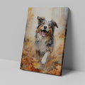 Framed canvas print of a joyful watercolour dog portrait with autumnal tones