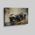 Framed canvas print of a vintage race car depicted in vibrant, artistic style