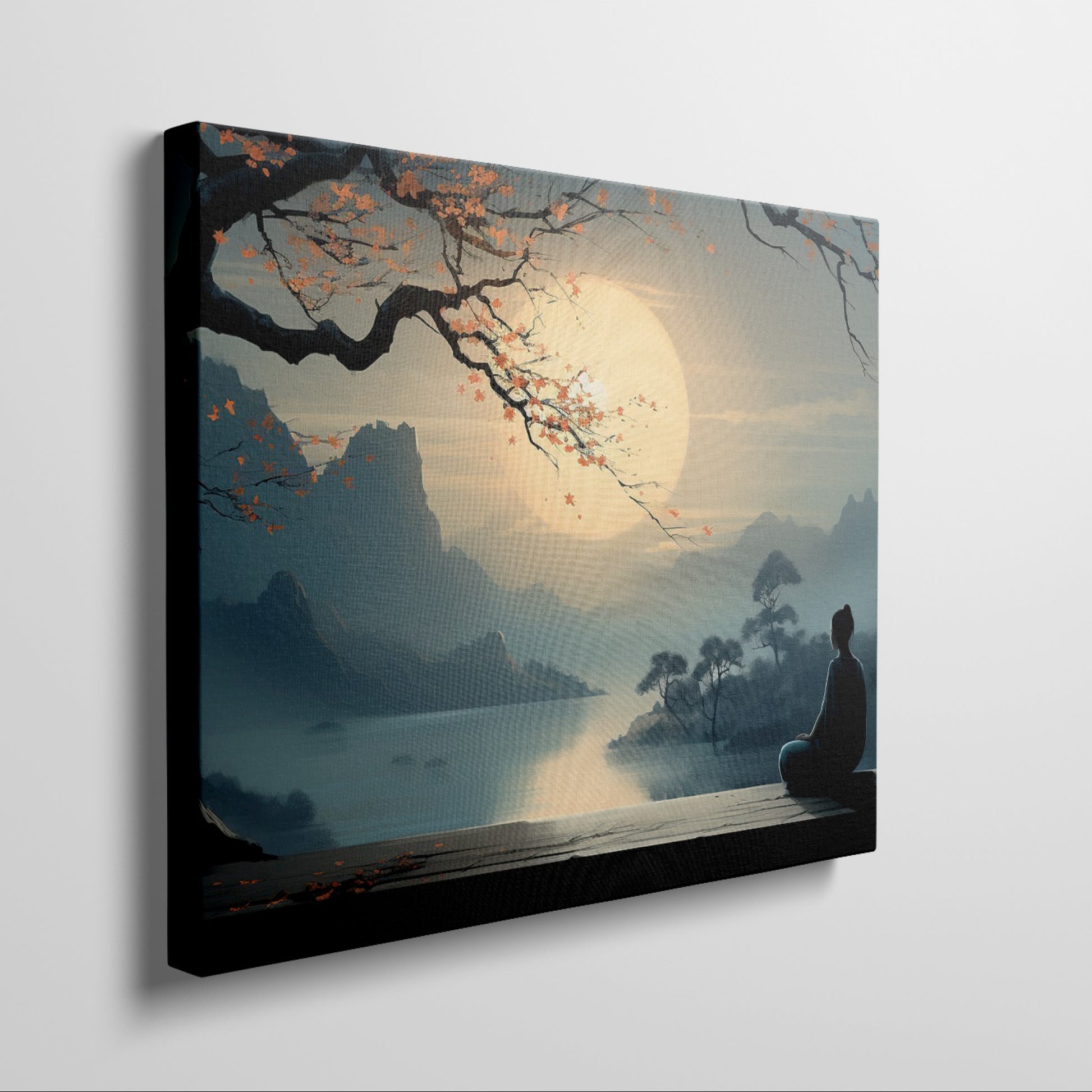 Framed canvas print of a serene Oriental landscape with a meditative figure under a tree against a sunrise backdrop