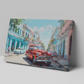 Framed canvas print of a vibrant Cuban street with vintage cars and colourful buildings