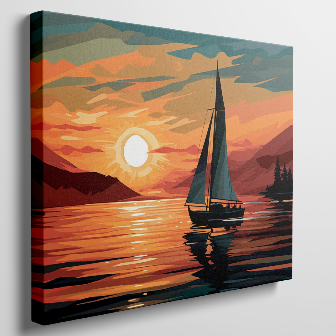 Stylized sailboat on calm waters with a vivid sunset and mountains in the background