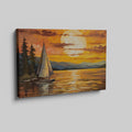 Abstract sailboat at sunset with orange and yellow sky over blue water, bordered by dark trees.