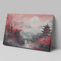 Framed canvas print of Oriental landscape with cherry blossoms and pagodas under a full moon