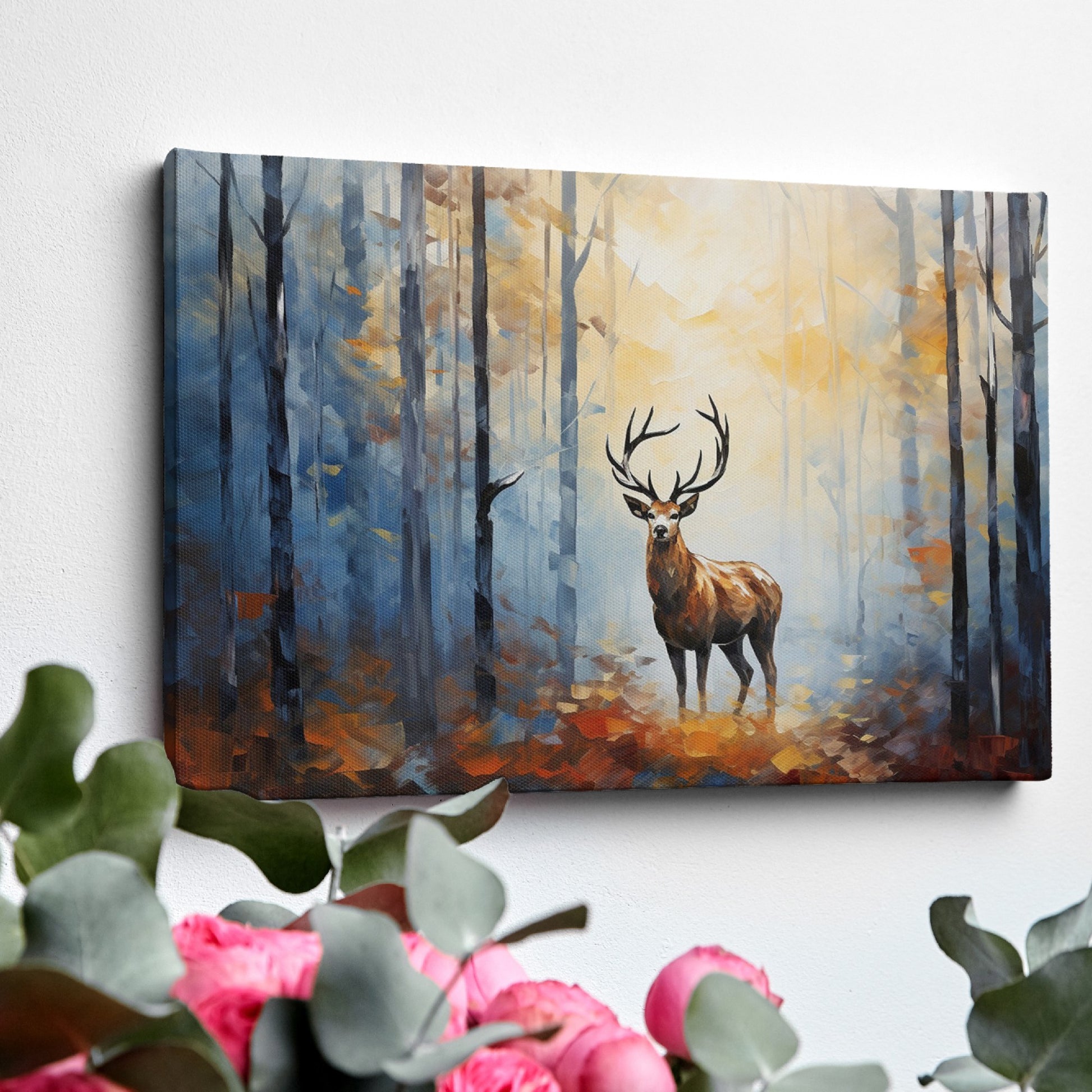 Framed canvas print of a majestic stag in a sunlit, impressionistic autumn forest