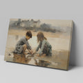 Framed canvas print of two children playing by the shore with a castle in the background