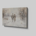 Framed canvas print of a couple walking hand-in-hand through a tranquil snowy landscape with warm earthy tones and soft whites.