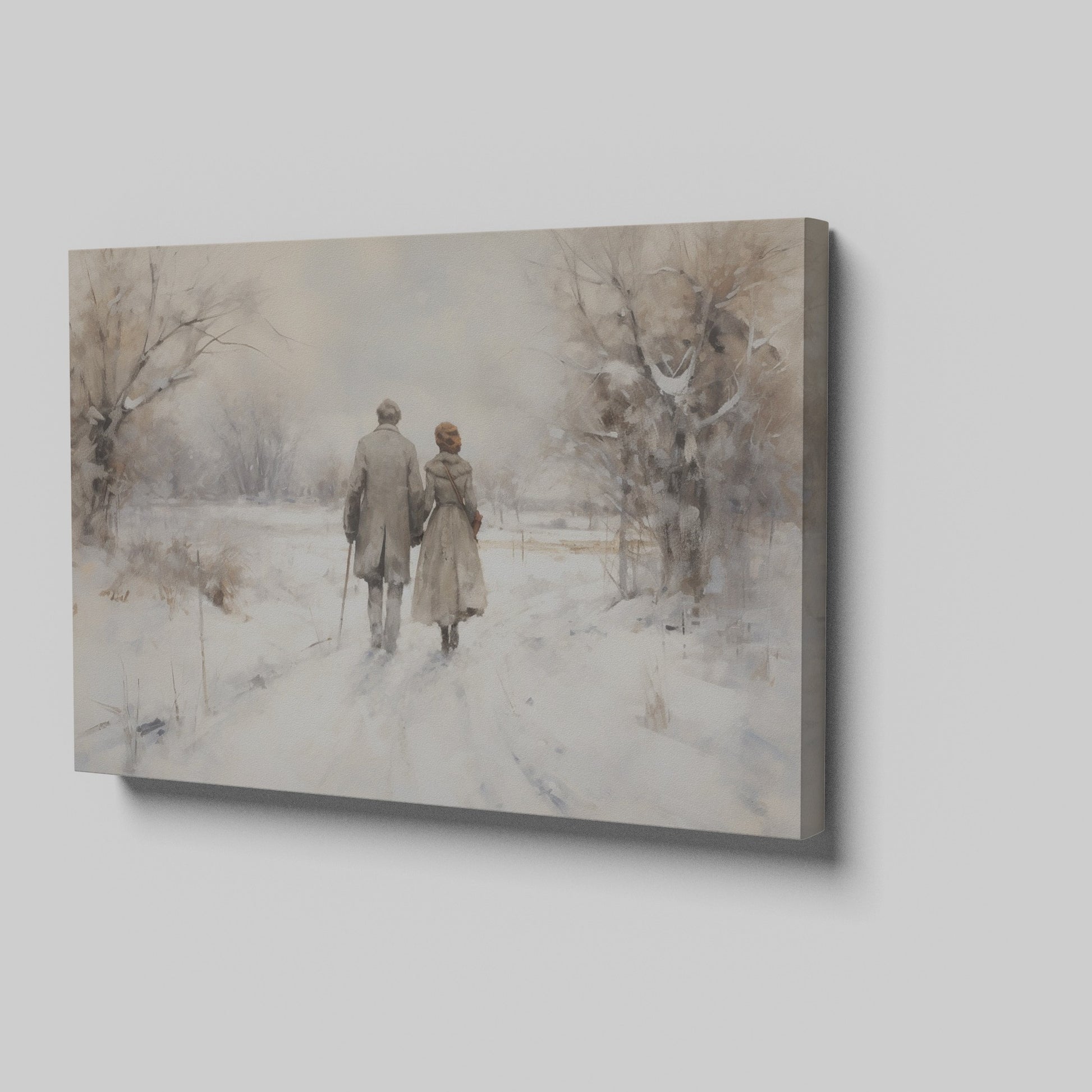 Framed canvas print of a couple walking hand-in-hand through a tranquil snowy landscape with warm earthy tones and soft whites.