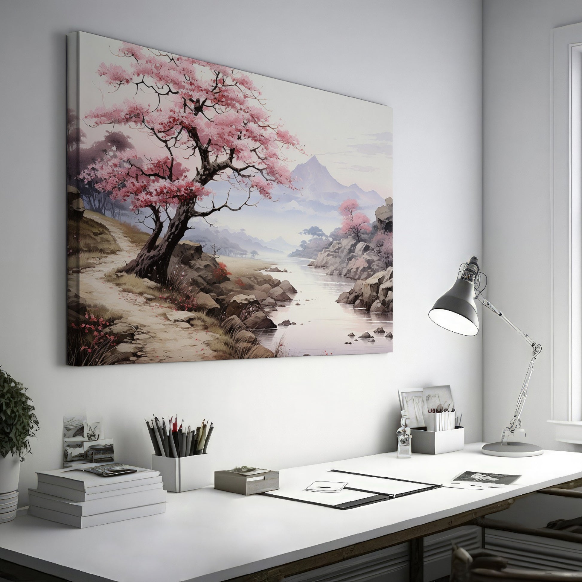 Framed canvas print of a serene cherry blossom landscape with mountains and a river