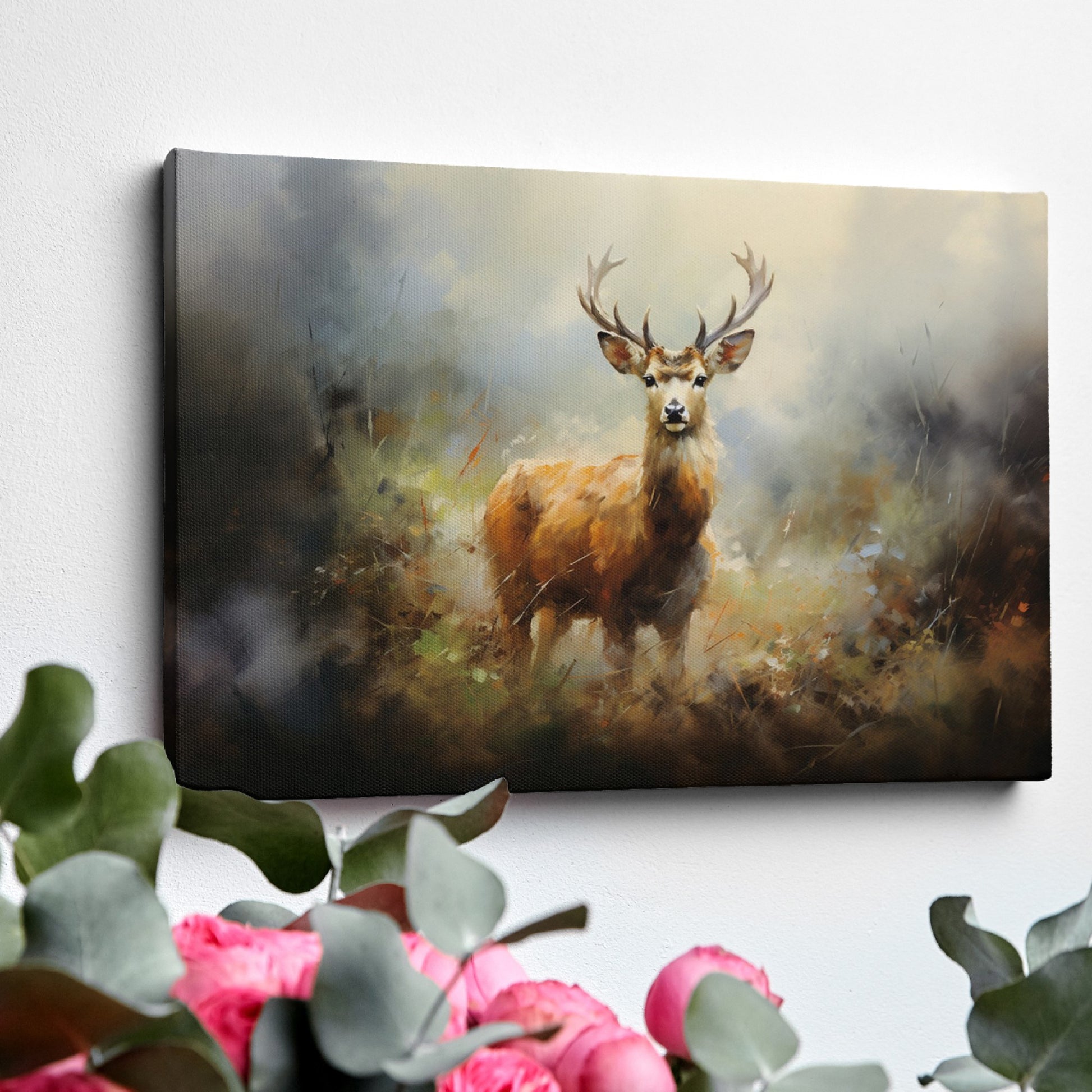 Framed canvas print of an impressionist painting of a stag in a misty autumn forest