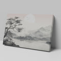 Framed canvas print of a monochrome Oriental ink wash landscape with misty mountains and a tree silhouette