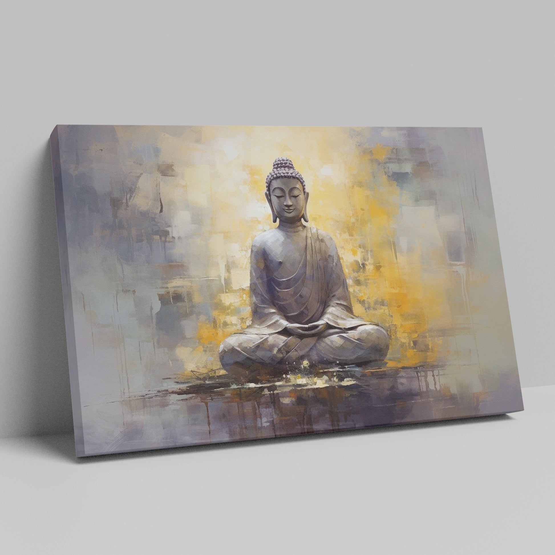 Framed canvas print of a serene Buddha in meditation with abstract warm and cool tones