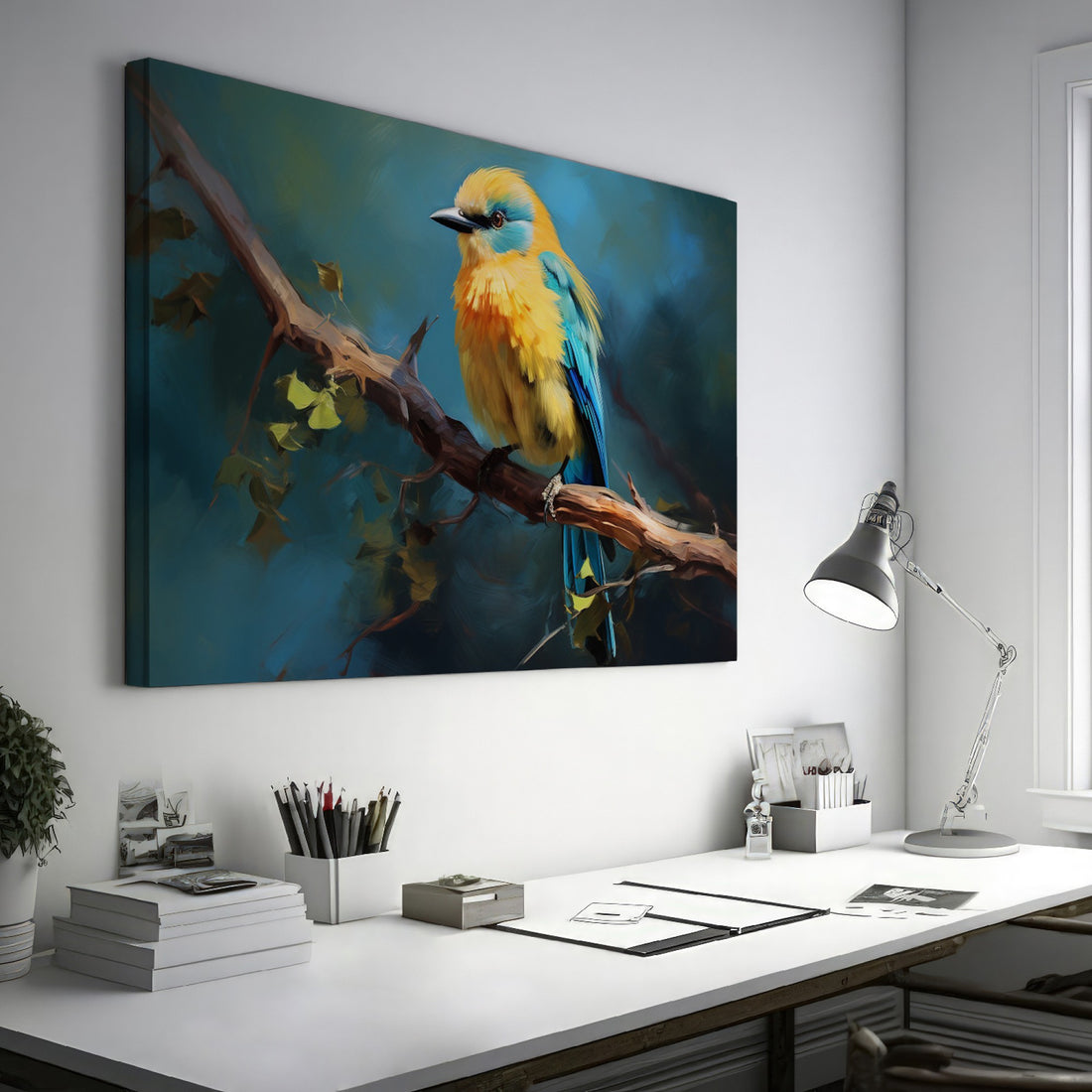 Framed canvas print of a vibrant blue and yellow bird perched on a tree branch with green leaves