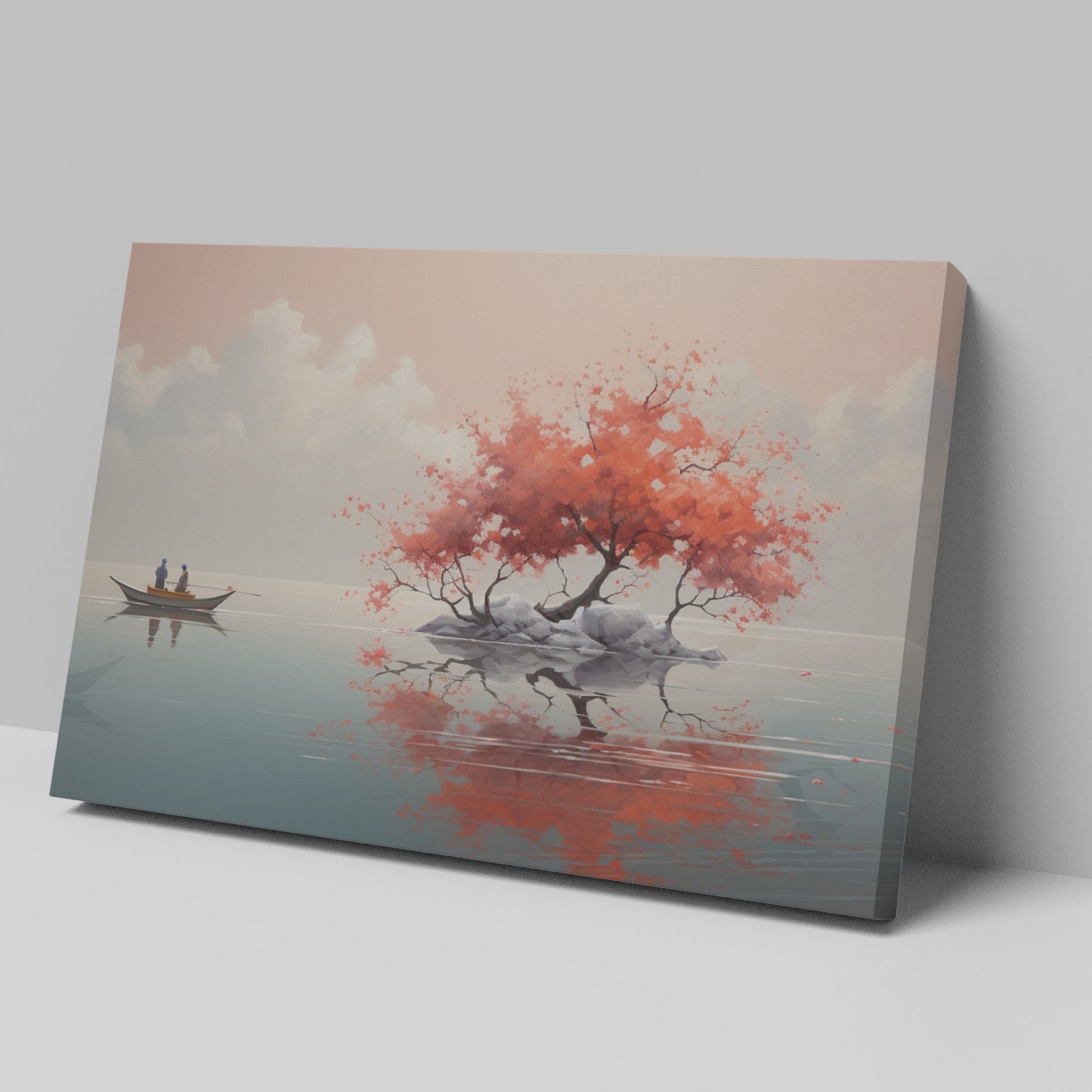 Framed canvas print of a tranquil lake with cherry blossoms and boat