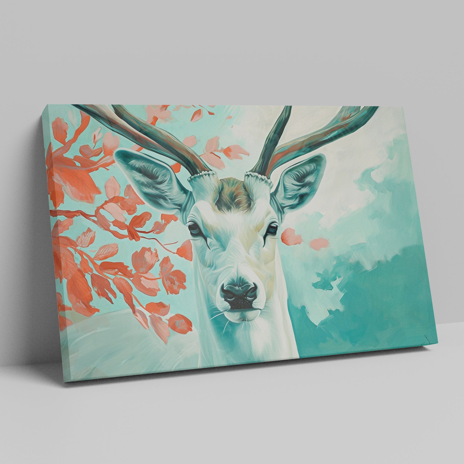 Framed canvas print of a serene stag with vibrant blue and red tones