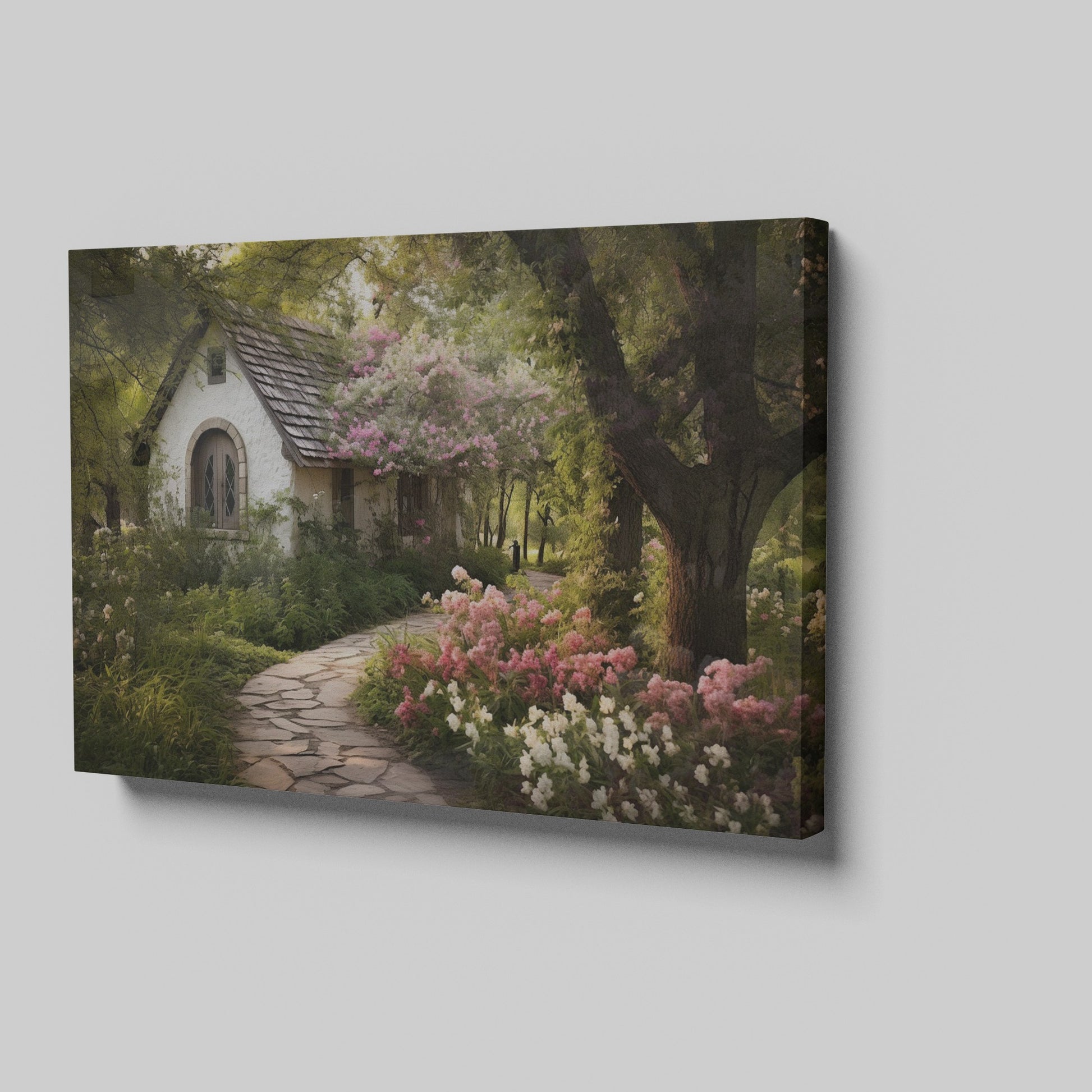 Framed canvas print of a picturesque cottage surrounded by blooming garden and shaded by trees