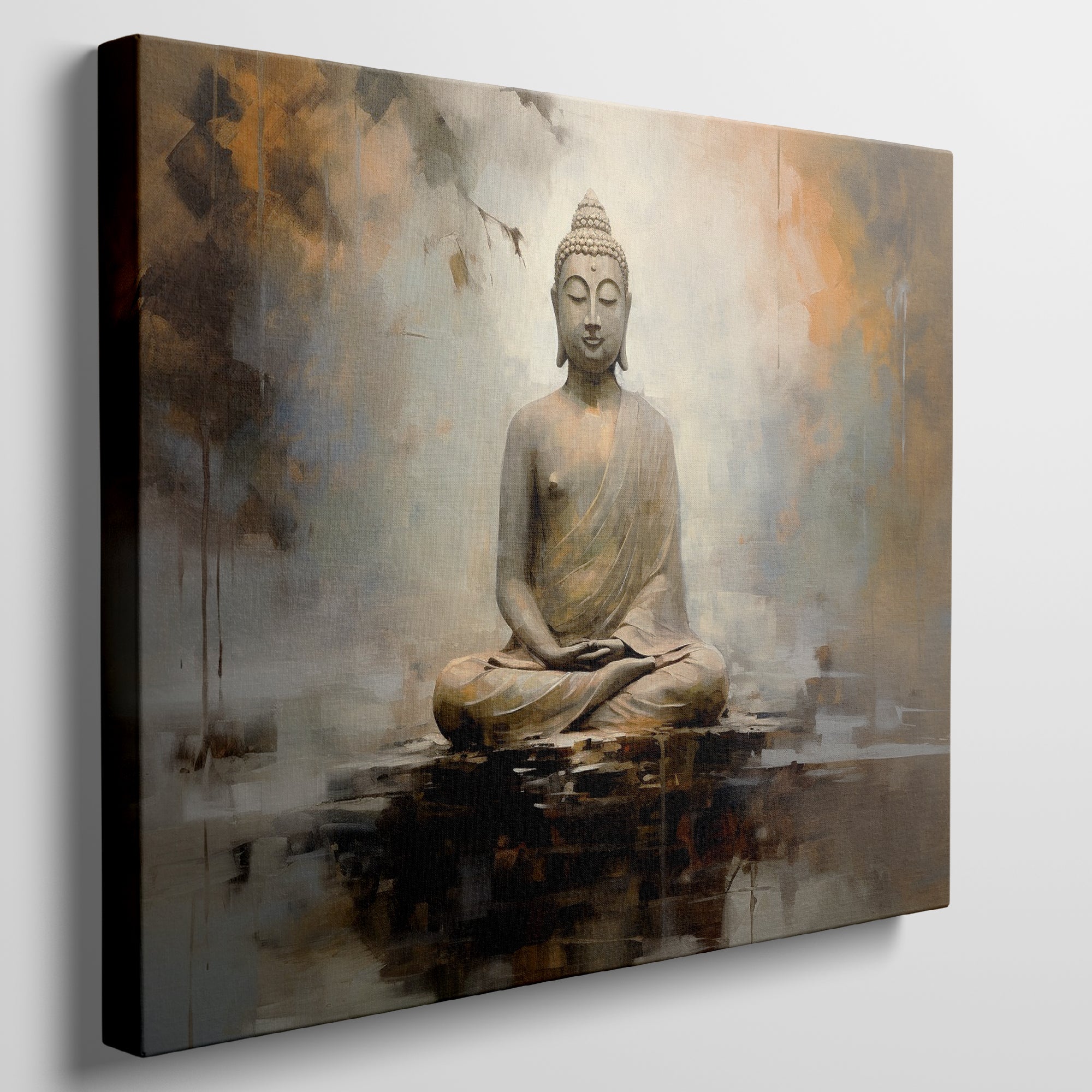 Framed canvas print of a meditative Buddha against an abstract, warm-toned background