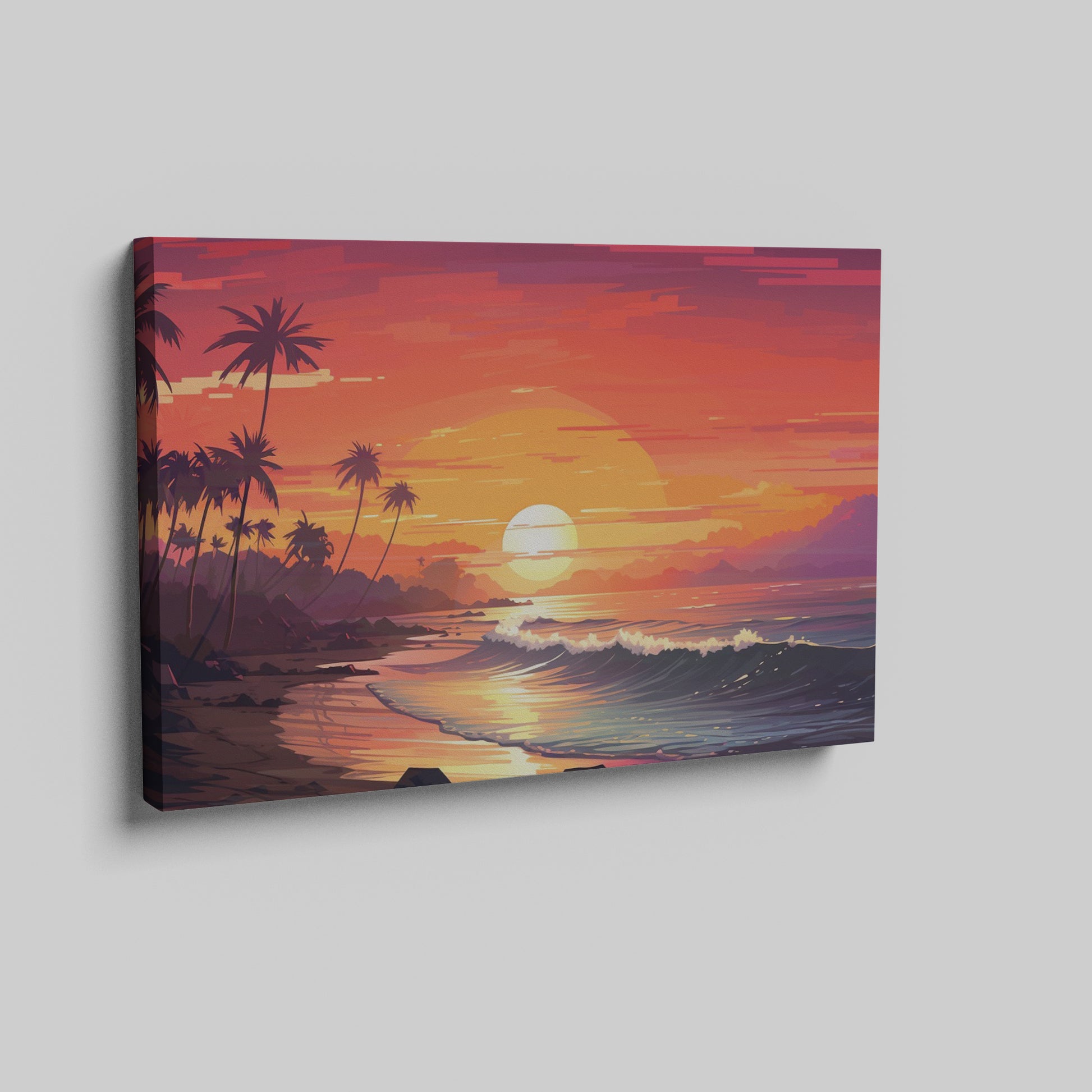 Framed canvas print of a digital tropical sunset with palm trees and ocean waves