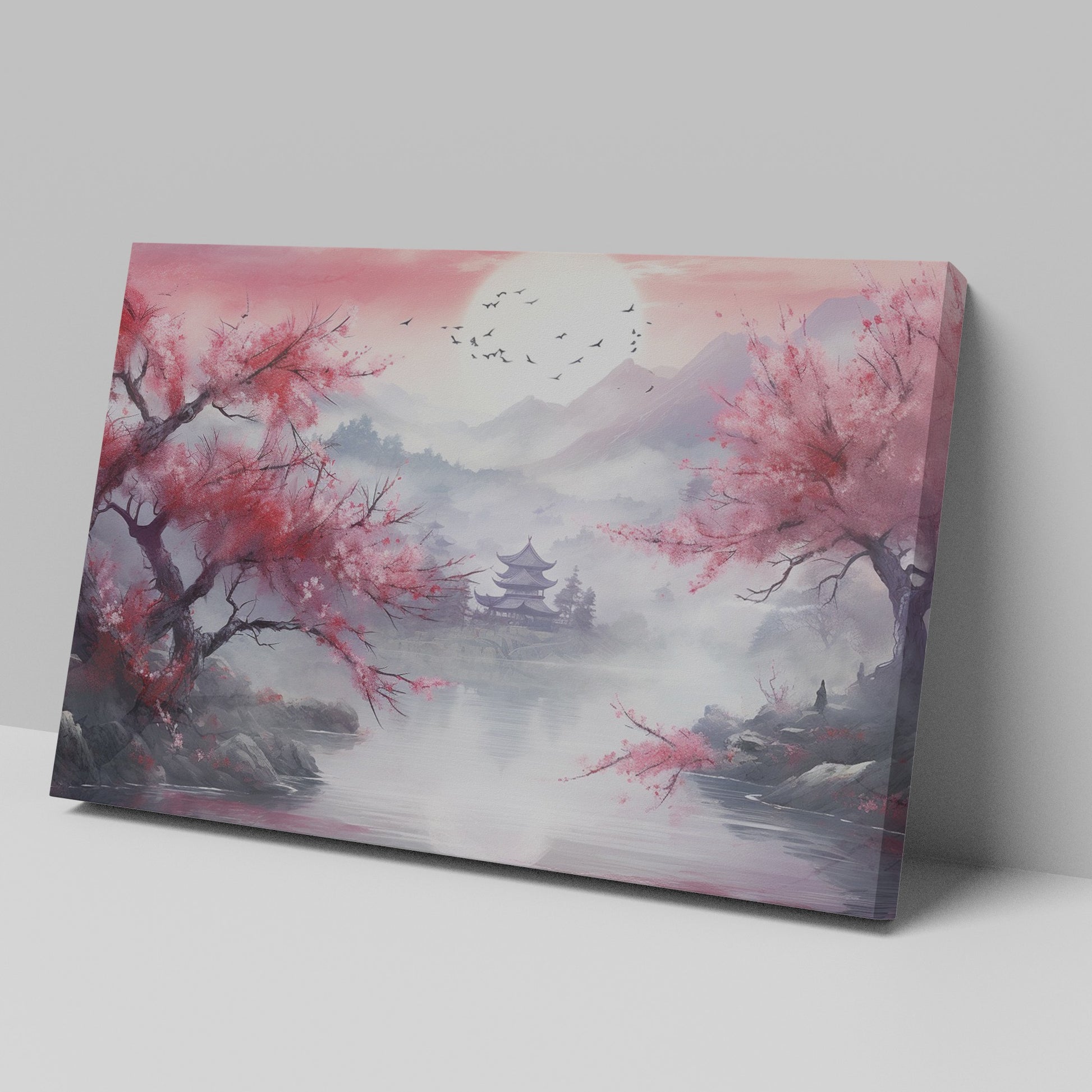 Framed canvas print of an Asian landscape with cherry blossoms and a pagoda at sunset