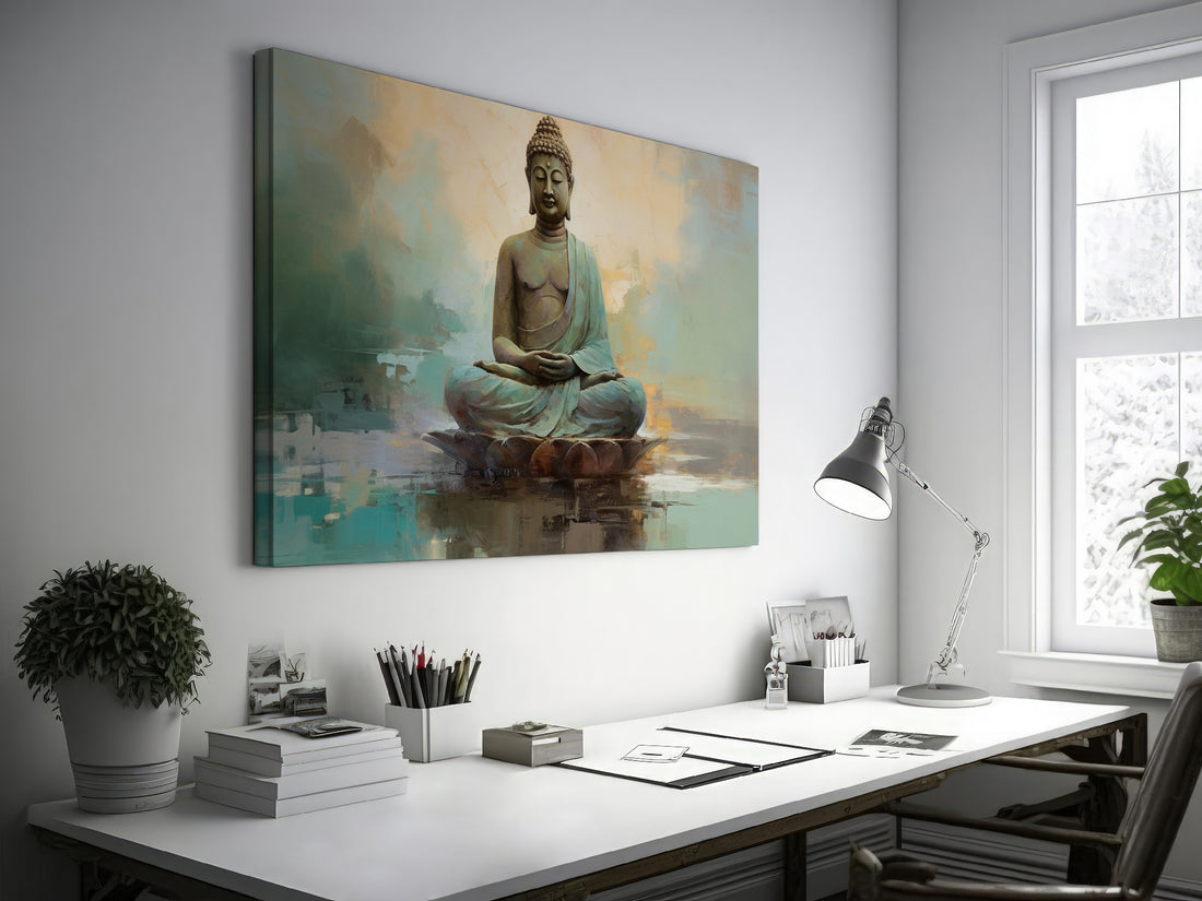 Framed canvas print of a meditative Buddha in serene colours