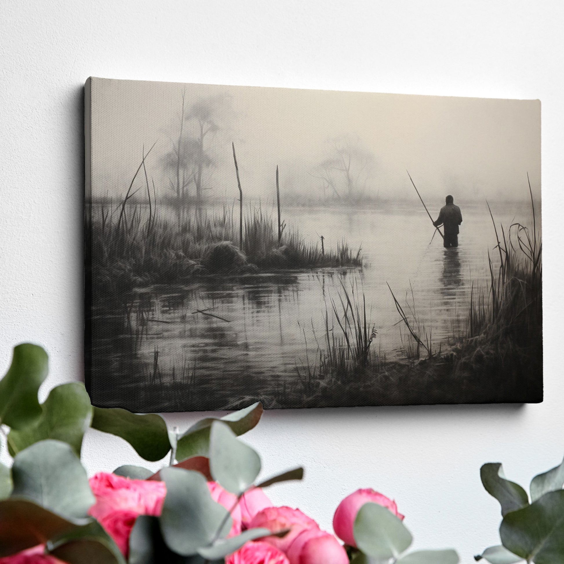 Framed canvas print of a fisherman in a foggy, monochrome lake landscape