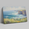 Framed canvas print of an impressionistic seascape with cliffs, wildflowers, and ocean