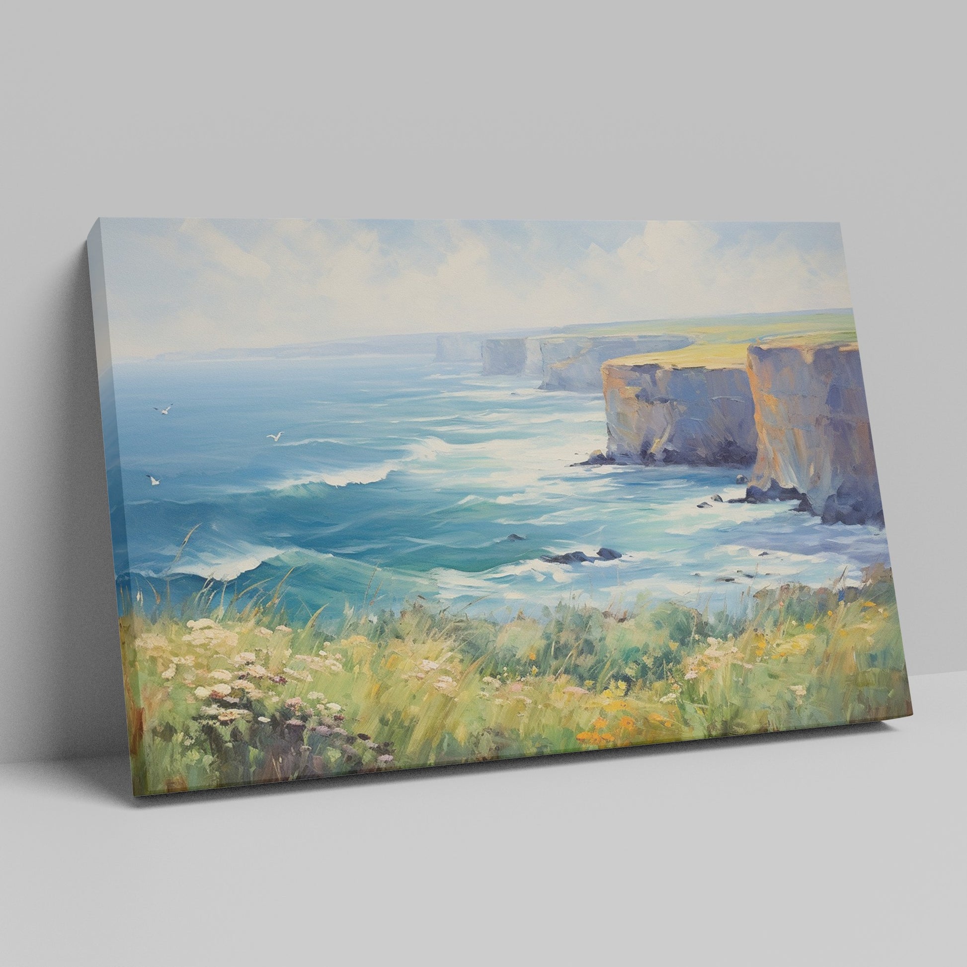 Framed canvas print of an impressionistic seascape with cliffs, wildflowers, and ocean