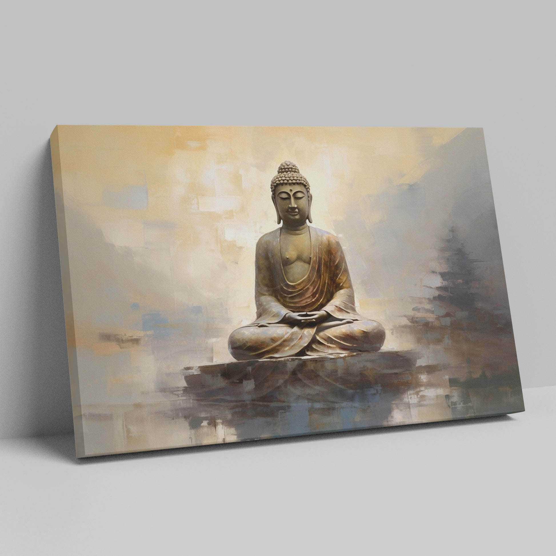 Framed canvas print of a golden Buddha statue with an abstract background