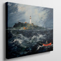 Framed canvas print of a stormy sea with a lighthouse on a cliff and a small boat navigating the waves