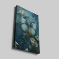 Framed canvas print of a vivid blue butterfly with delicate white flowers on a blue background