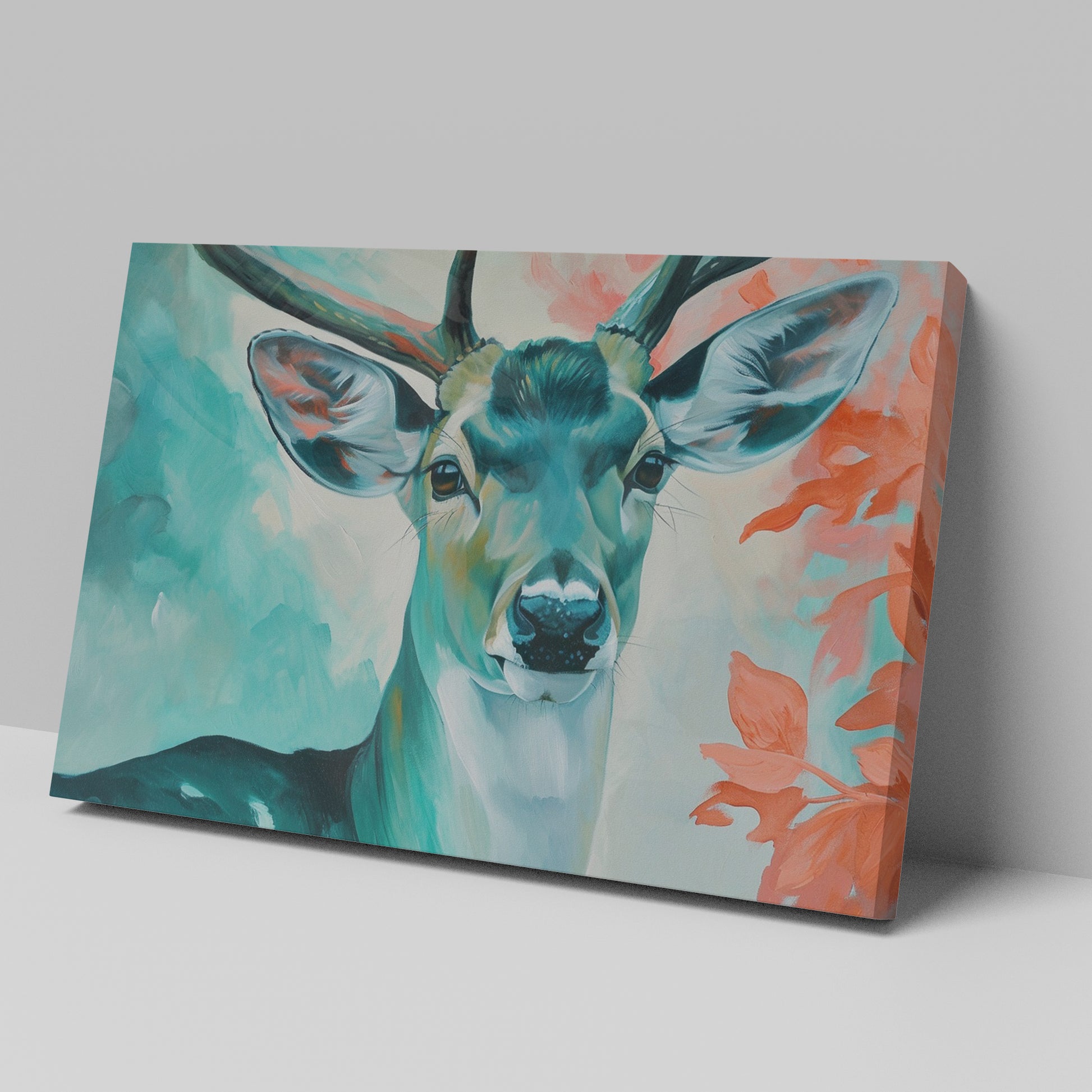 Framed canvas print of a vibrant, modern depiction of a stag with abstract elements