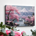 Framed canvas print of a serene Japanese landscape with pink cherry blossoms and Mount Fuji