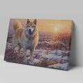 Framed canvas print of a dog in impressionist style with a winter sunset in the background