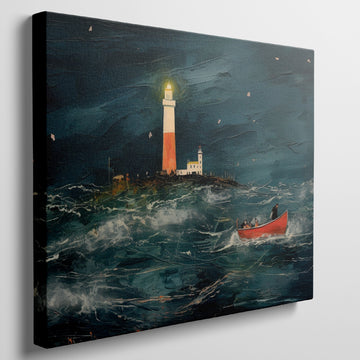 Framed canvas print of impressionist oceanic artwork featuring a bright lighthouse and a red boat in a stormy sea