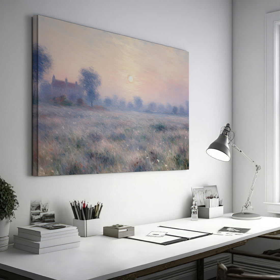 Impressionist style painting of a misty sunrise over a country estate