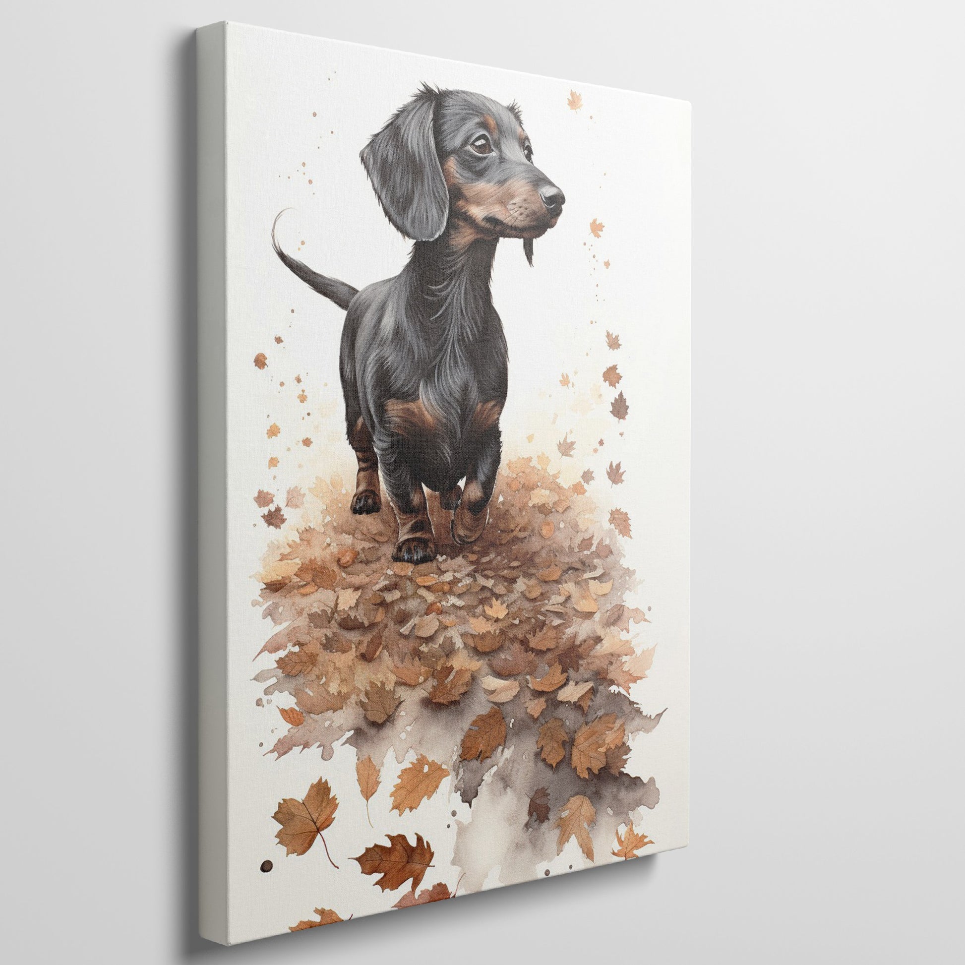 Framed canvas print of a realistic Dachshund standing amidst autumn leaves in warm brown and amber tones