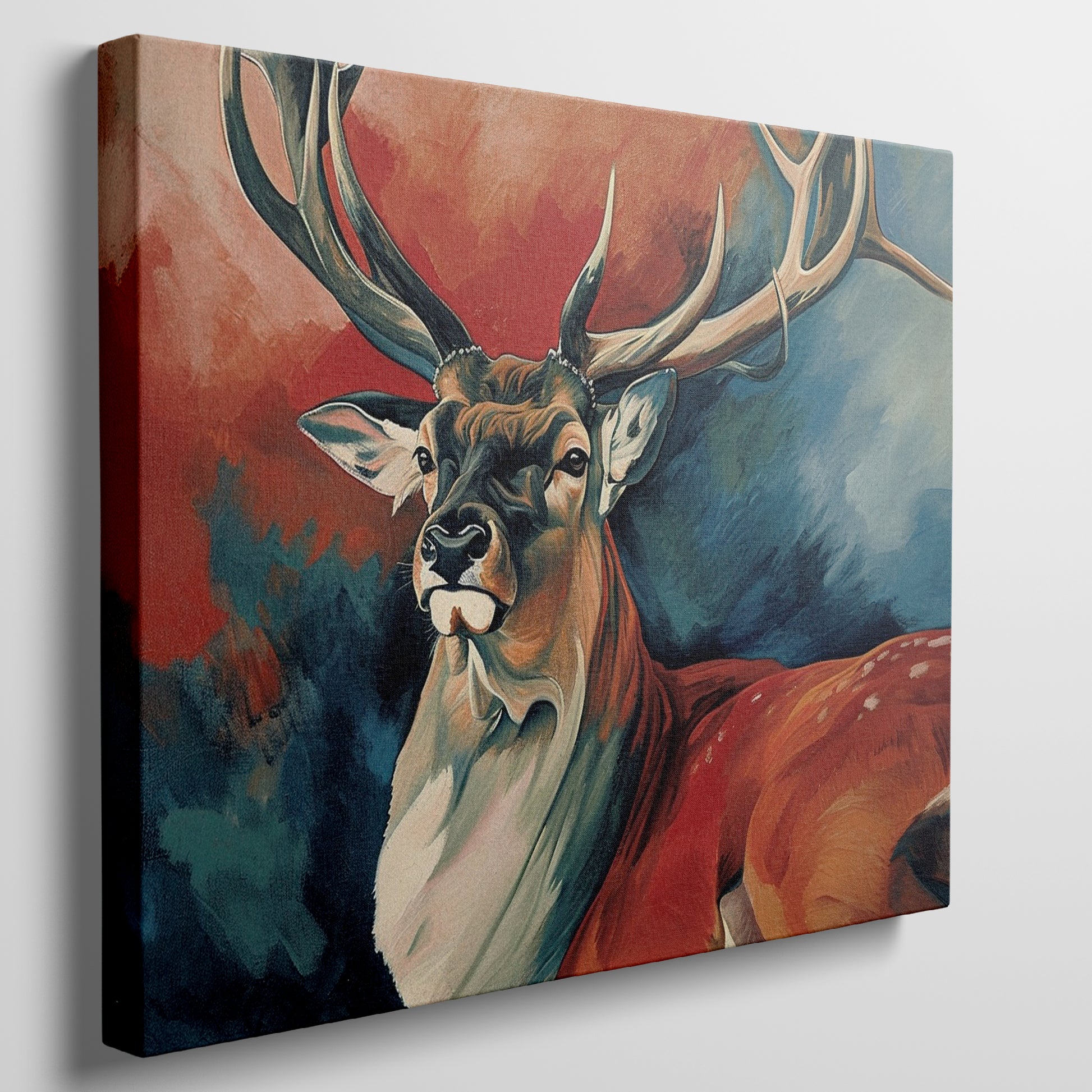 Framed canvas print of a vibrant, expressive deer with bold red and blue colours