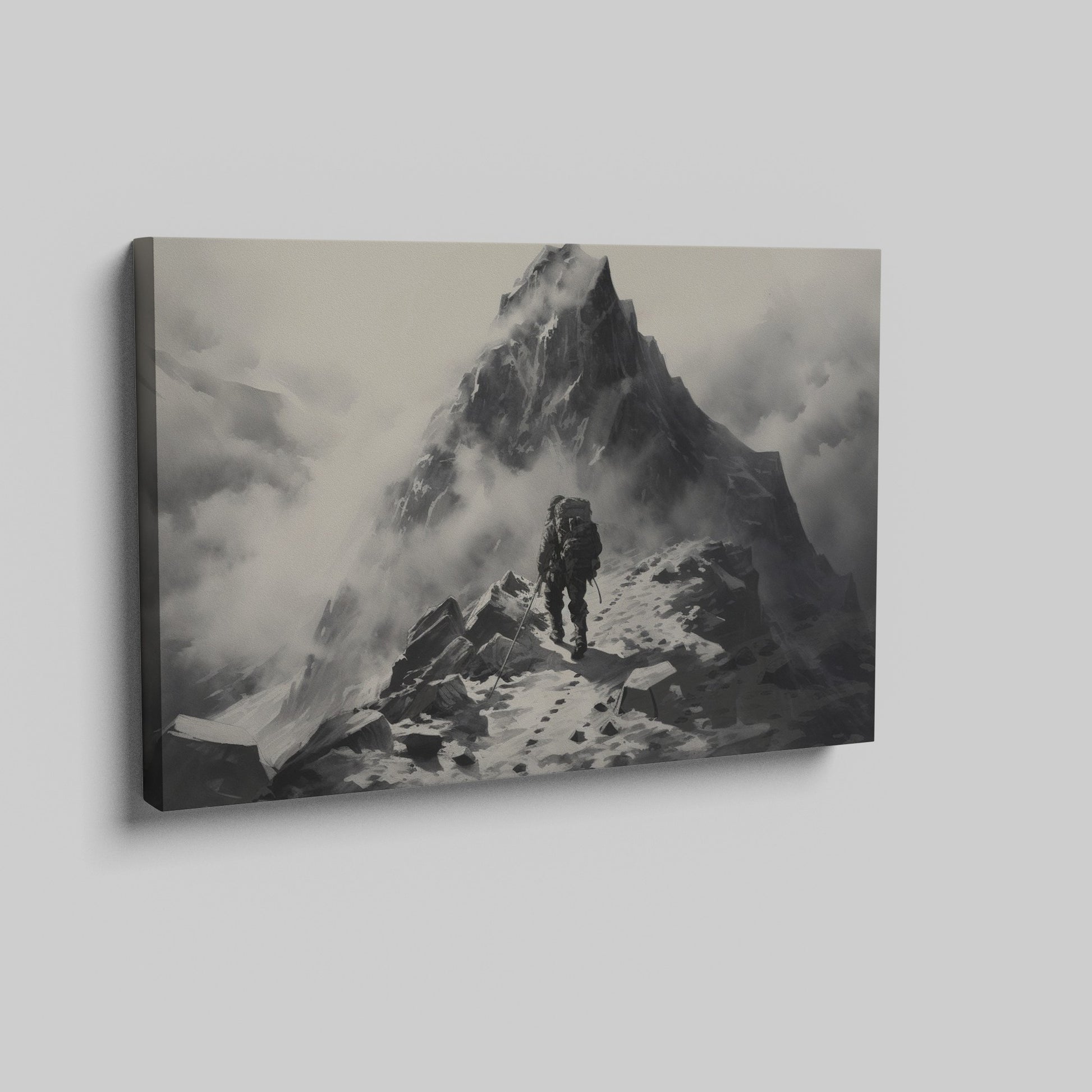 Framed canvas print of a lone mountaineer making their way up a foggy, monochromatic mountain scene