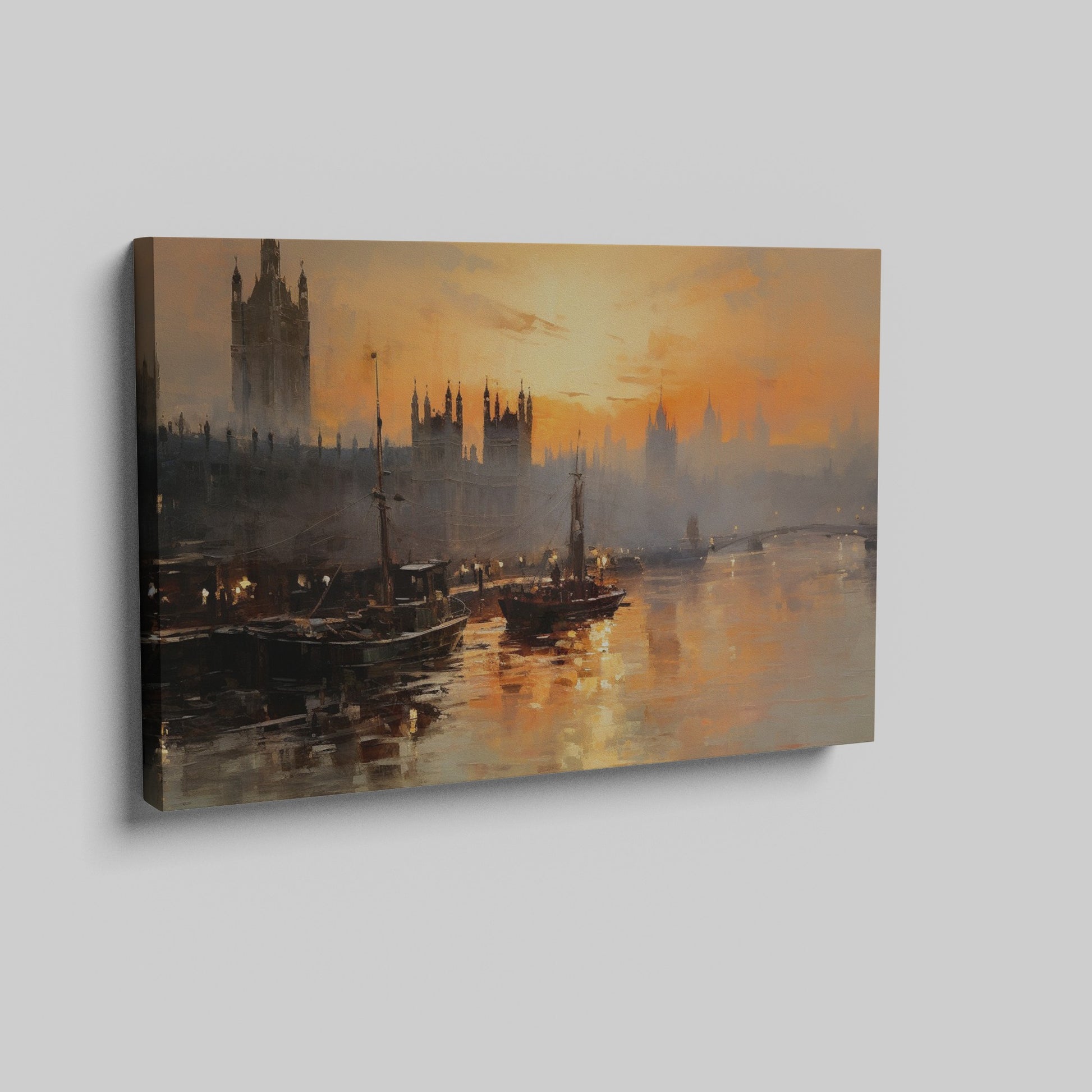 Framed canvas print of a sunset over the River Thames with London skyline and boats in impressionist style