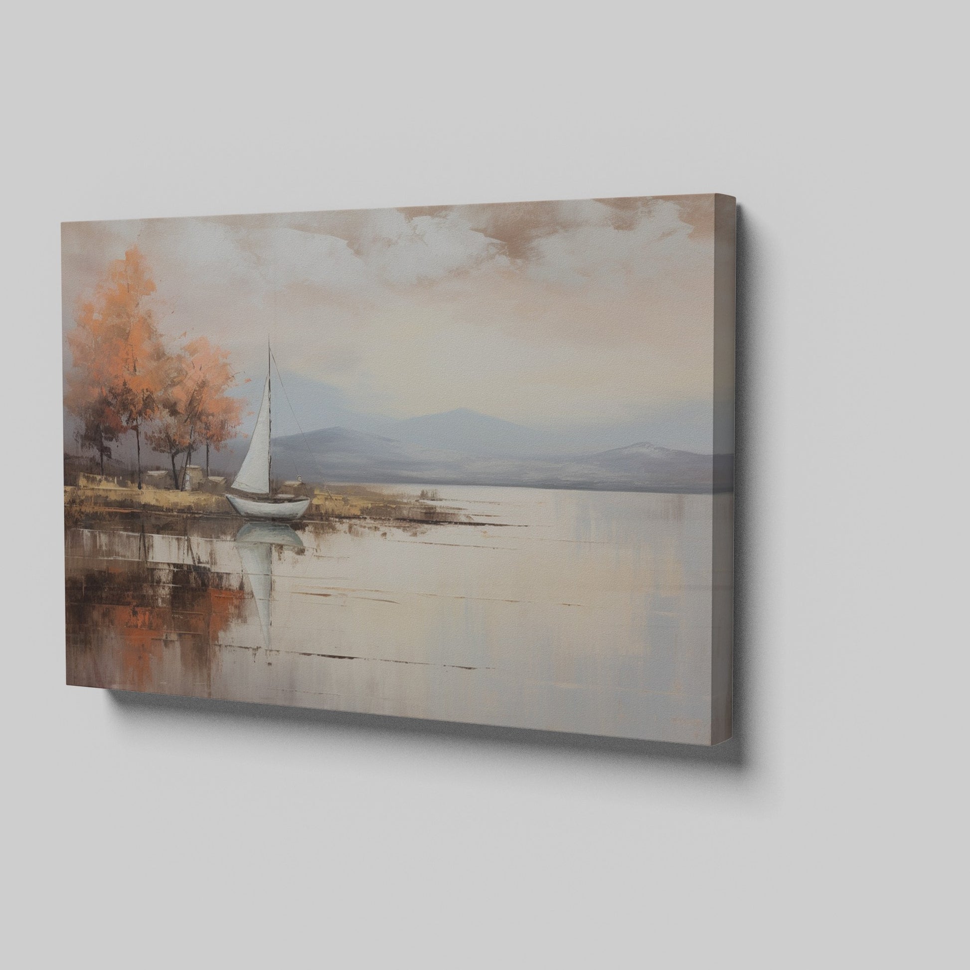 Framed canvas print of an impressionist painting with a sailing boat and autumn trees by a lake