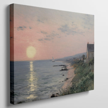 Framed canvas print of an Impressionist seascape with a sunset over the ocean and coastal village