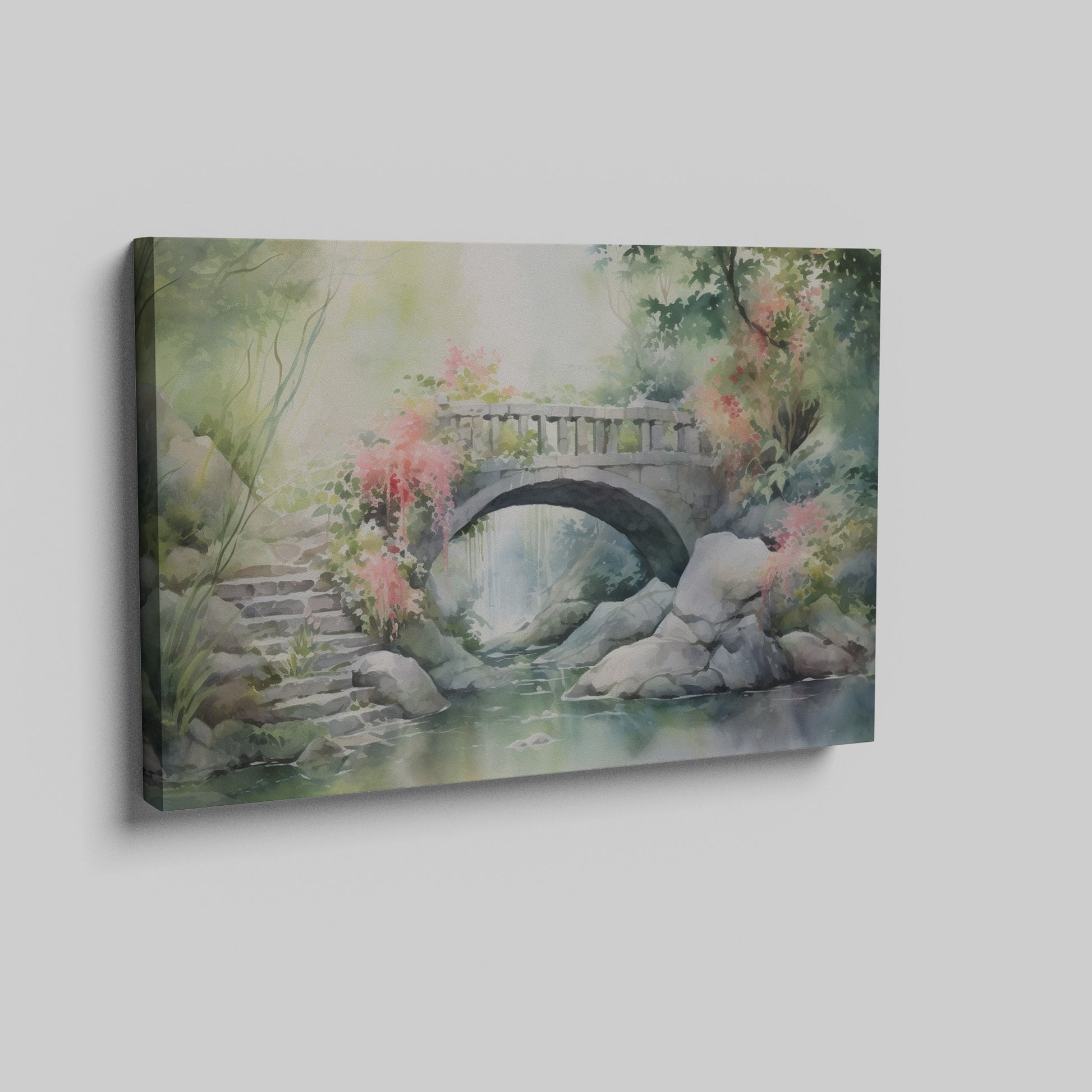 Framed canvas print of a serene stone bridge over a stream in a misty garden with lush greenery and flowering plants