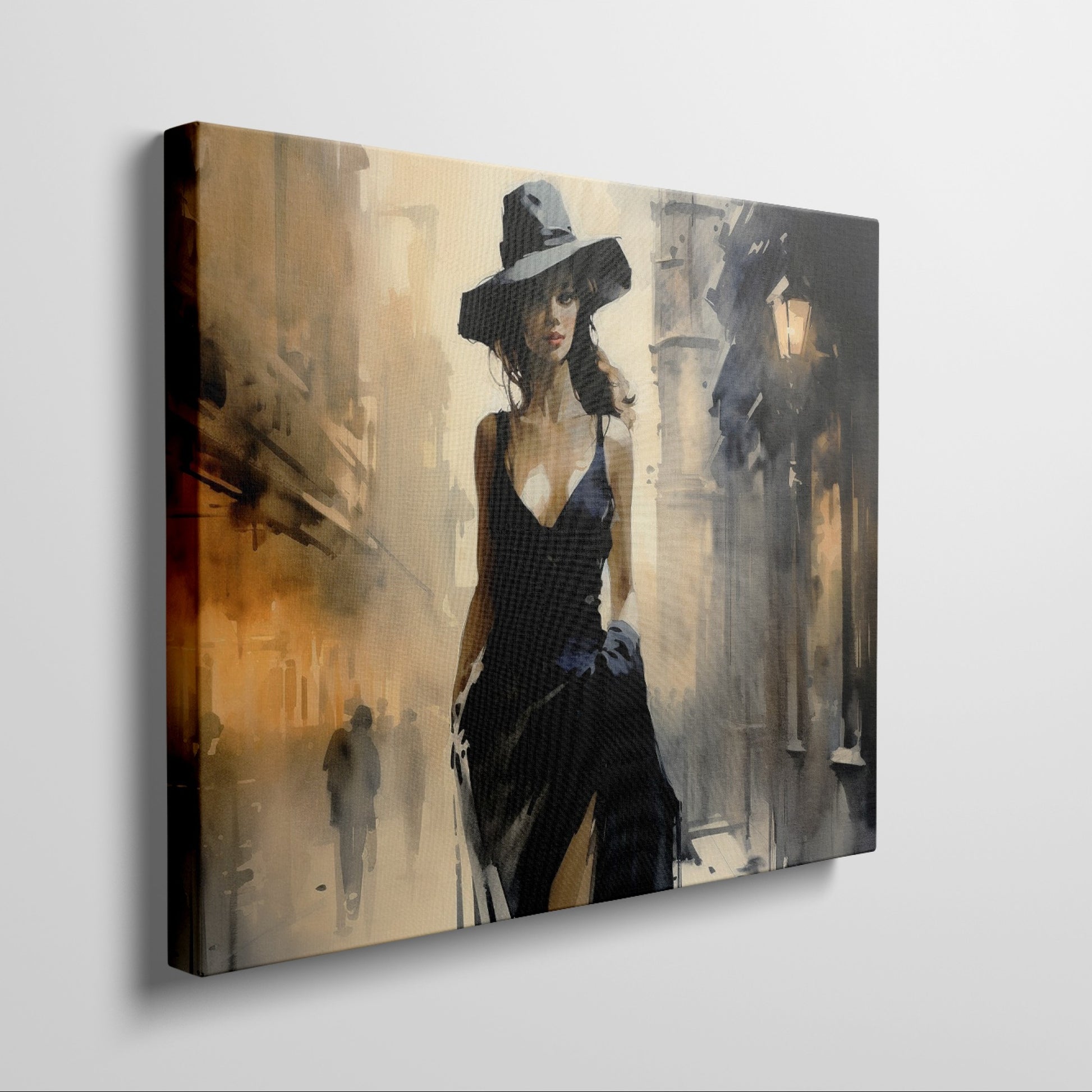 Framed canvas print of an elegant woman in a black dress with a sepia-toned urban street scene background