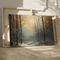 Framed canvas print of a tranquil snowy forest glade with soft dawn light filtering through the trees