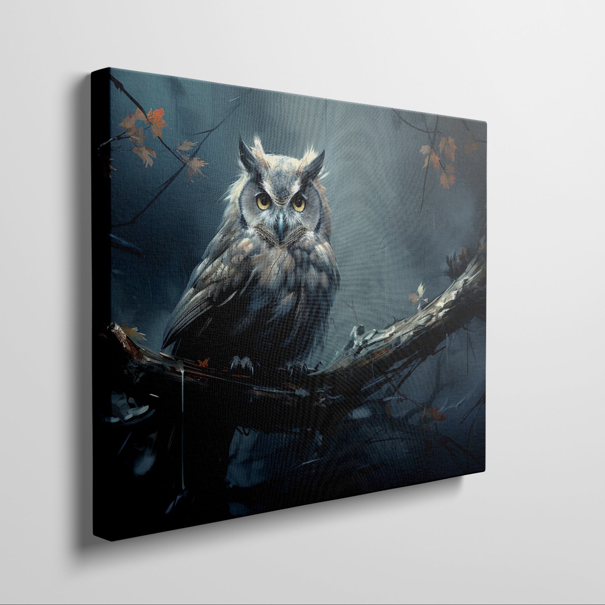 Framed canvas print of a mystical owl with amber eyes perched on a branch against a dark, moody background with autumn leaves