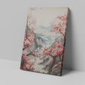 Framed canvas print of oriental landscape with cherry blossoms and birds over tranquil mountains