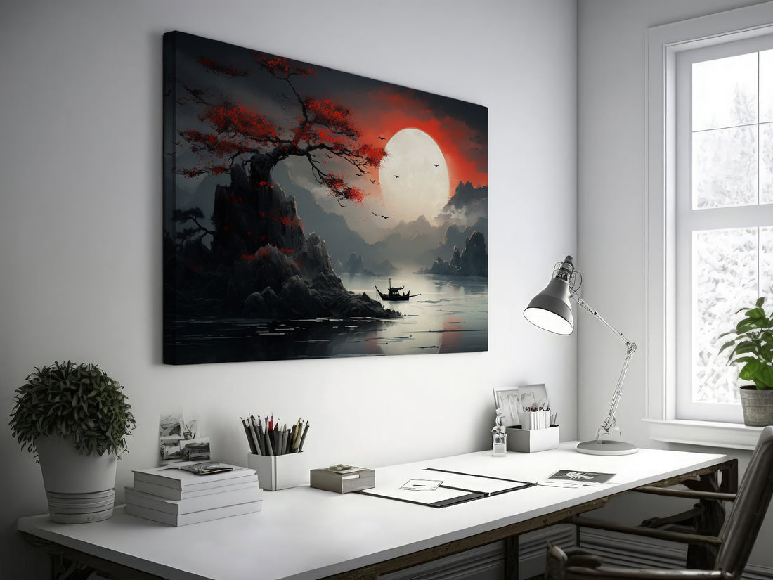 Framed canvas print of Oriental landscape with crimson moon and tree over tranquil waters